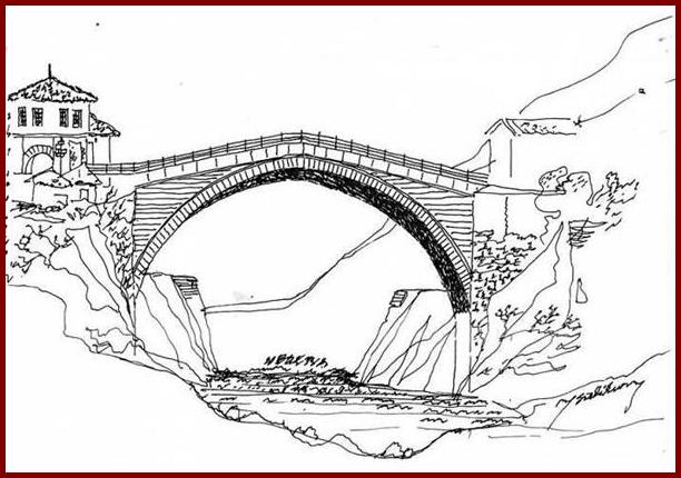 Stari most - Zamšiljeni izgled ćuprije sultana Sulejmana kana s kulama koje su sagrađene kao zaštita ćuprije sultana Mehmeda kana crtež (prof Hamdija Salihović)